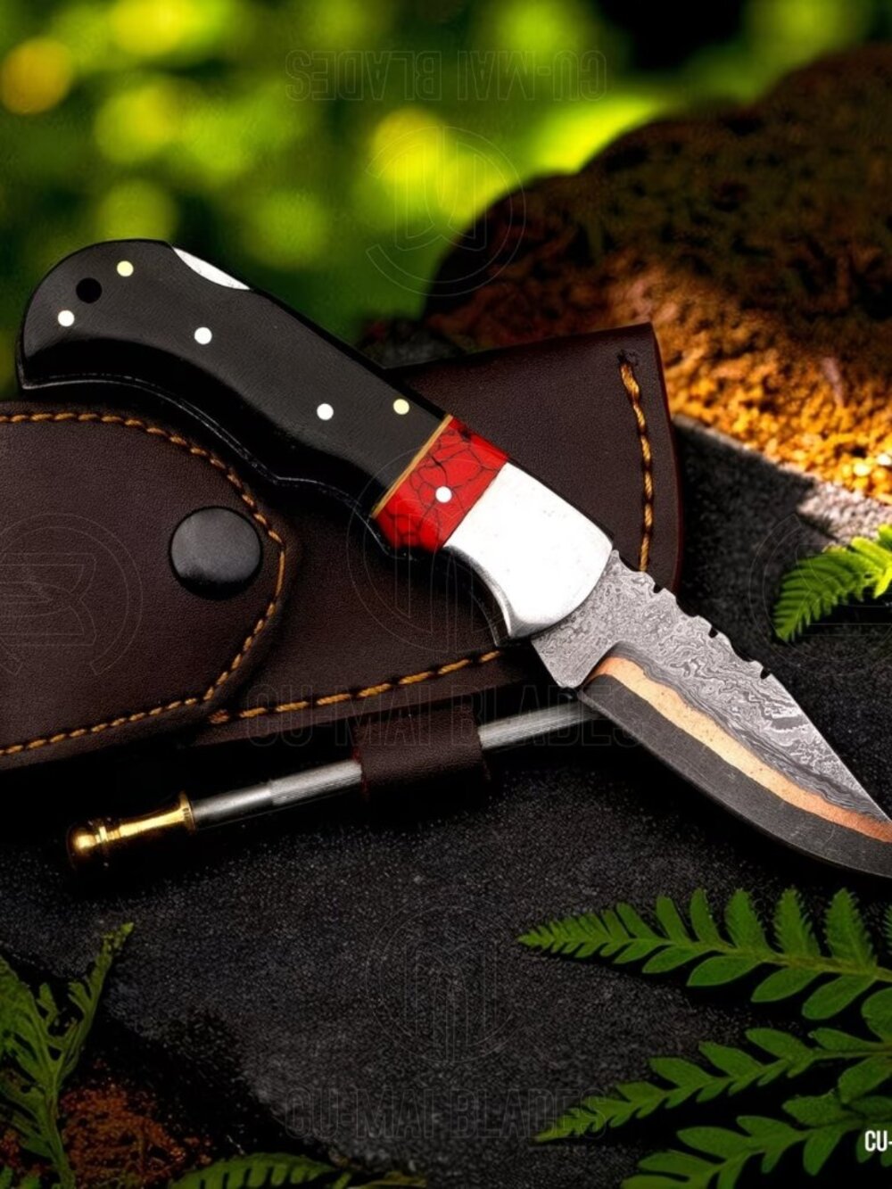 Handmade Copper Damascus Folding Knife: Bull Horn Handle, Leather Sheath
